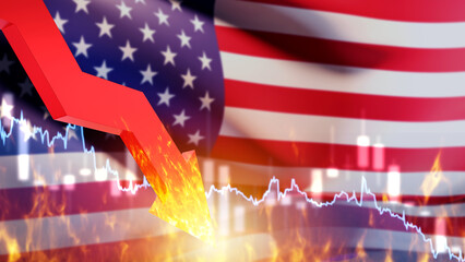 Falling chart USA flag. Crisis infographic in America. Financial problems in USA. Down arrow symbolizes financial recession. Economic collapse in USA. Default, bankruptcy, crisis. 3d rendering.