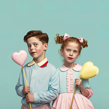 Little School kids dressed in a pastel color clothes, cute suit, holding a heart shaped balloon. Happy children, little Valentine's Day. Pastel background. Illustration. Generative AI.