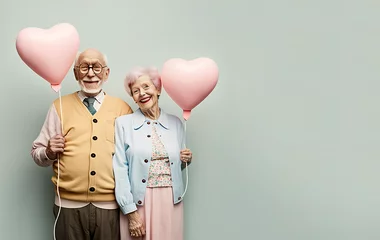 Fotobehang A married couple of pensioners who are happy in love and have a matching outfit of pastel colors. Love that lasts forever. Grandparents holding a heart shaped balloon. Illustration. Generative AI. © Uncanny Valley