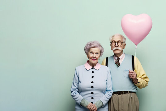 A married couple of pensioners who are happy in love and have a matching outfit of pastel colors. Love that lasts forever. Grandparents holding a heart shaped balloon. Illustration. Generative AI.