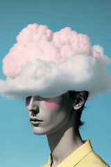 Retro, vintage, abstract collage portrait of a faceless man with a huge, soft, white cloud on her head. What is in your head? Illustration, Generative AI. - obrazy, fototapety, plakaty