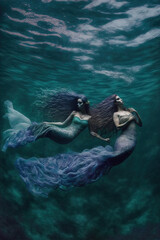 Underwater abstract illustration of beautiful, young mermaids loving and hugging each other. Futuristic, elegant, water princesses. Love and beauty. Generative AI.