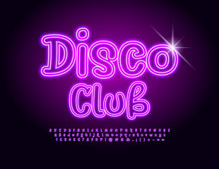 Vector electric banner Disco Club. Purple Neon Alphabet Letters and Numbers. Playful handwritten Font
