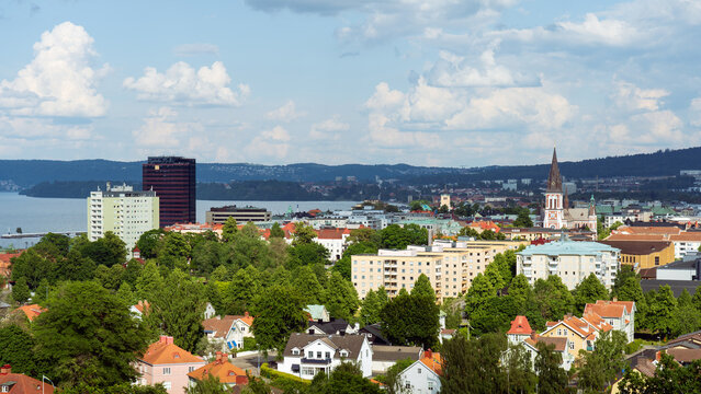 Cityscape over Jonkoping city and lake Vattern on a beautiful summer day in Sweden.