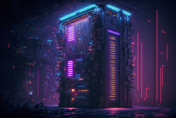 Generative ai server racks in computer network security server room data center.