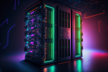 Generative ai server racks in computer network security server room data center.