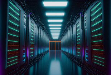 Fototapeta premium Generative ai server racks in computer network security server room data center.