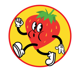 retro style cartoon character with a body of a strawberry. Vintage rubberhose comic style mascot design.  Product logo vector illustration