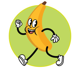 Vintage cartoon style banana mascot, flat comic character, food logo 