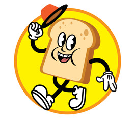 kawaii cartoon character with a body of a bread toast. Restaurant, fast food mascot. Vintage rubberhose comic style design. Vector logo illustration