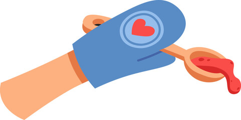 Hand in kitchen glove hold spoon with spices flat icon