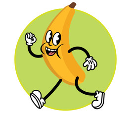 Vintage cartoon style banana mascot, flat comic character, vector food logo 