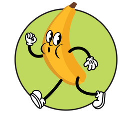 Running vintage cartoon banana mascot, food logo design, vector illustration