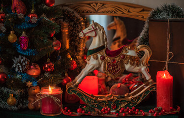 Christmas atmosphere, Holidays vibe, wicca energy magic, Chariot illustration. Christmas eve...