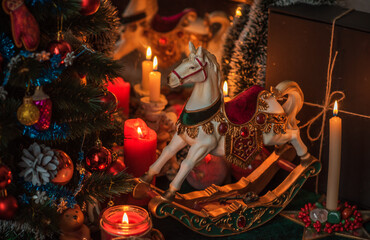 Christmas atmosphere, Holidays vibe, wicca energy magic, Chariot illustration. Christmas eve...
