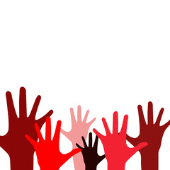 isolated vector illustration of many open red black pink multicolored human hands showing rejection, demonstration, team, equality, enthusiasm, youth