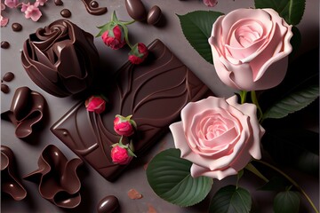 Delicious chocolates and beautiful roses and flowers for valentine's day, romantic sweet treat food, generative AI