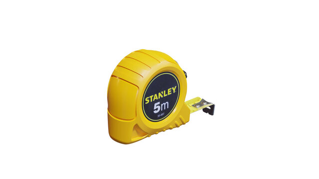 STANLEY tape 5 METERS measure isolated on white, 3D RENDERING OF YELLOW TAPE ON PNG BACKGROUND