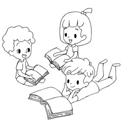Coloring illustration of friends reading books .vector.