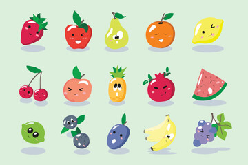 Cute set of cartoon fruits and berries icons. Vector illustration for cards, posters, flyers, webs and other use.