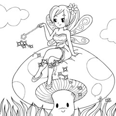 Fairy sitting on the mushroom.coloring page vector illustration isolated on white background.