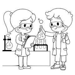 Coloring Book, Scientist kids in lab  cartoon .vector.