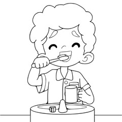 Cute boy brushing teeth,cartoon,vector illustration isolated on white background,coloring book pages