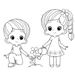 Coloring book kids planting tree vector illustration.
