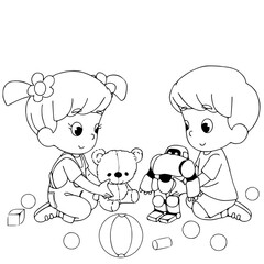 Kids playing coloring pages vector illustration isolated on white background.