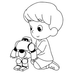 Child playing Robot toy coloring pages vector illustration isolated on white background.