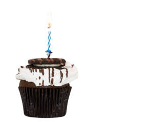 Brown cupcake with marshmello frosting and a cookie with a blue lit candle on top and a transparent background