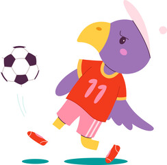 Funny bird with ball play football flat icon Sport game