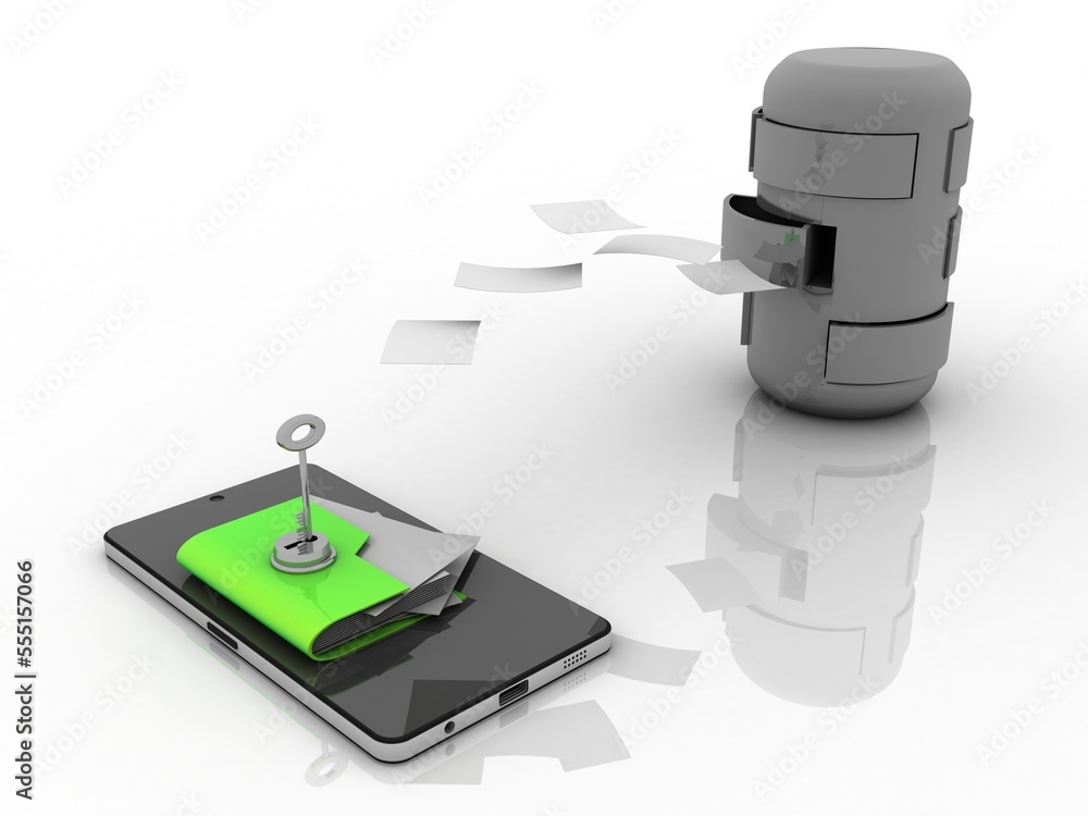 Poster 3d rendering mobile folder storage protected key near database