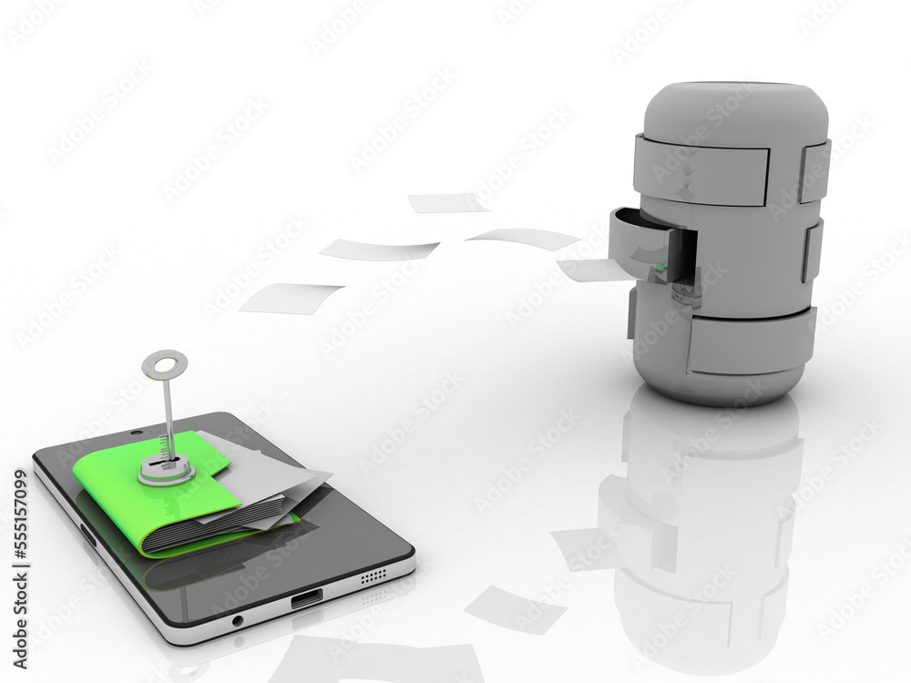 Poster 3d rendering mobile folder storage protected key near database