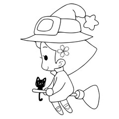 Cute witch and black cat Coloring book Halloween vector illustration.