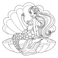 Mermaid sitting on shell and pearl,cartoon,Cute ,vector illustration isolated on white background,coloring book pages