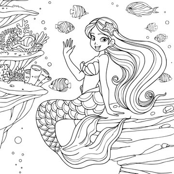 The little mermaid. Fairy tale. Coloring page. Vector Illustration for kids. Cute and funny cartoon characters