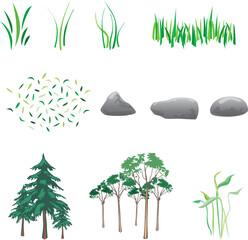 Trees, grass, stones, rocks and leaves.