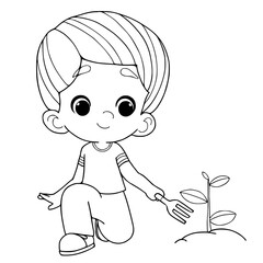 coloring page with boy planting tree.vector.