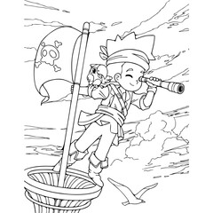 Pirate on ship cartoon coloring page.vector illustration isolated on white background.