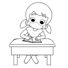  Black and white vector illustration of a girl  activity coloring book page .