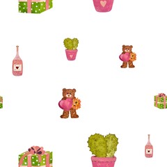 Gift box bear cactus heart pattern watercolor 