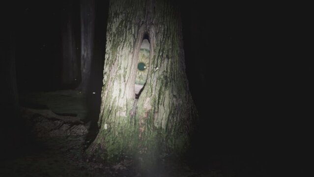 A giant monster eye staring from a tree hollow. Scary dark forest handheld POV camera footage. Cinematic Halloween 3D animation.