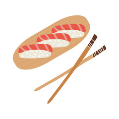 Sushi roll set with salmon and chopsticks on wooden plate. Cute hand drawn cartoon illustration for asian food menu, stickers, wall art, restaurant logo