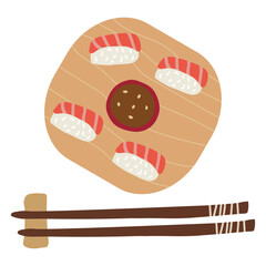 Sushi set with salmon, soy sauce, chopsticks on wooden plate. Cute hand drawn cartoon illustration for asian food menu, stickers, wall art, restaurant logo