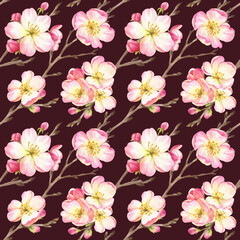 watercolor seamless pattern with branches blooming apple tree