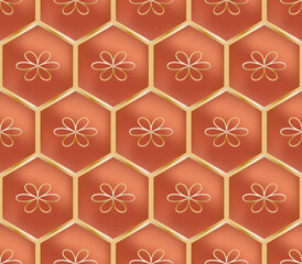 rose gold luxury seamless pattern and background for creative surface deigns. flowers and hexagons with gold margin and rich style