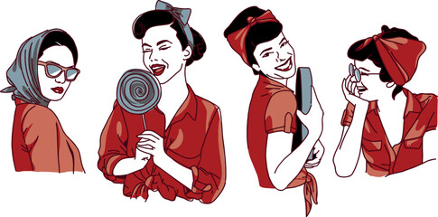 Illustration of Retro girl vector with red clothes
