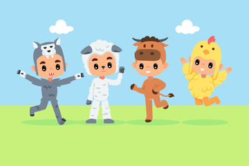 Kids in Animal Costumes of Wolf Sheep Buffalo and Chicken