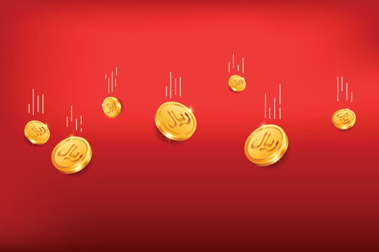 Riyal or Rial gold coins falling from top on red background. Realistic 3D gold coins. Ecommerce free credit concept.